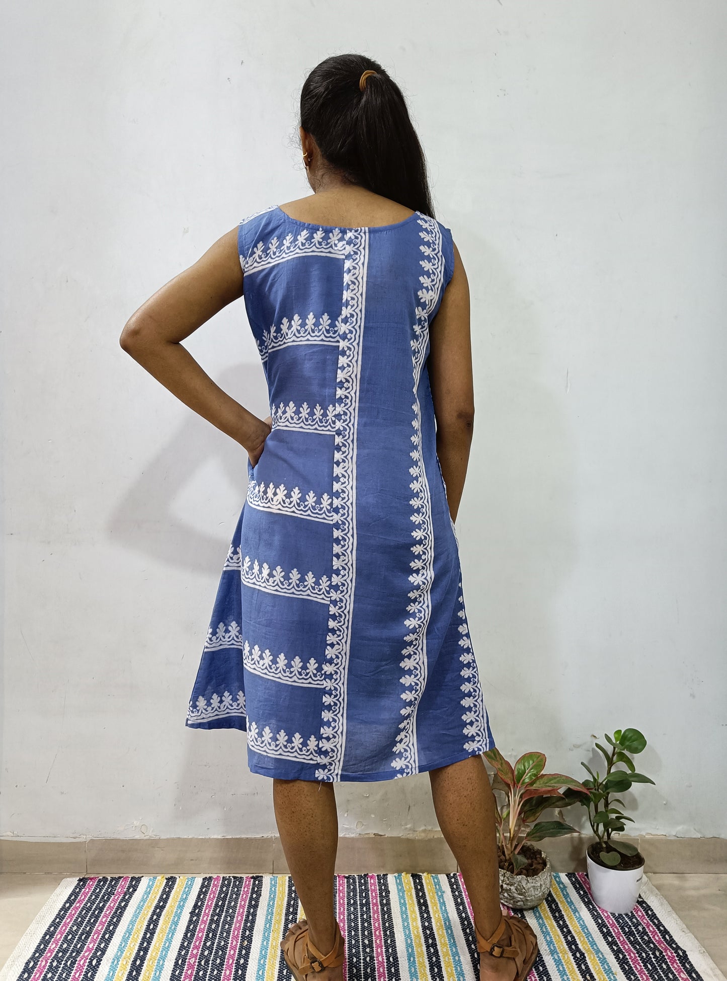 Ink-Blue Line Discharge-Print Dress