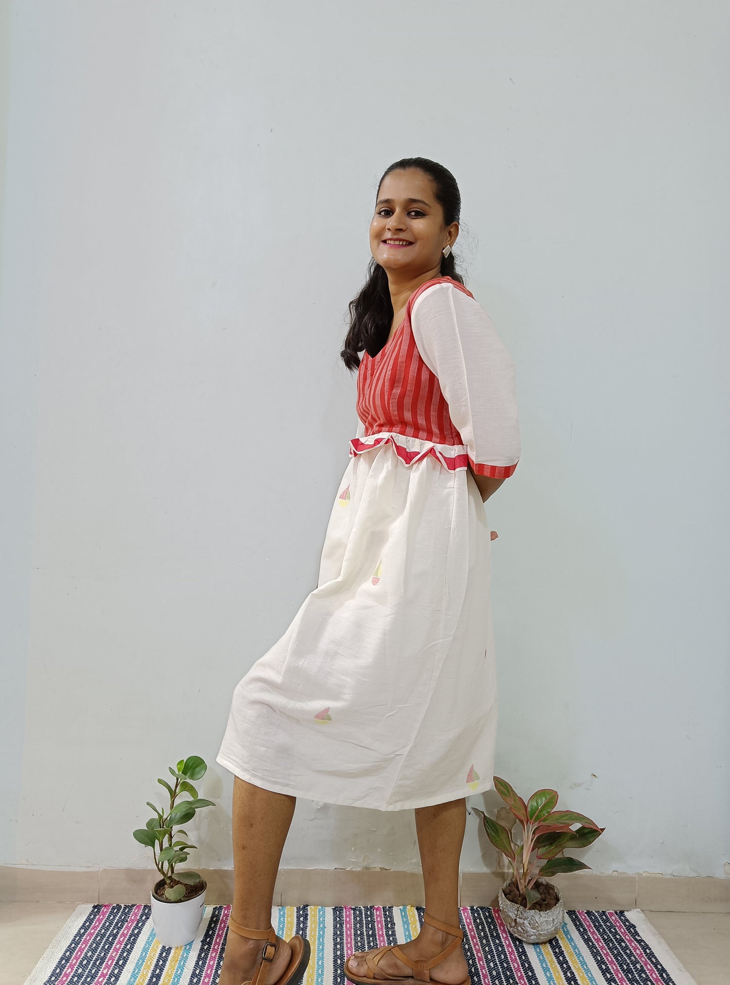 White Boat Jamdani Spun-Cotton Dress