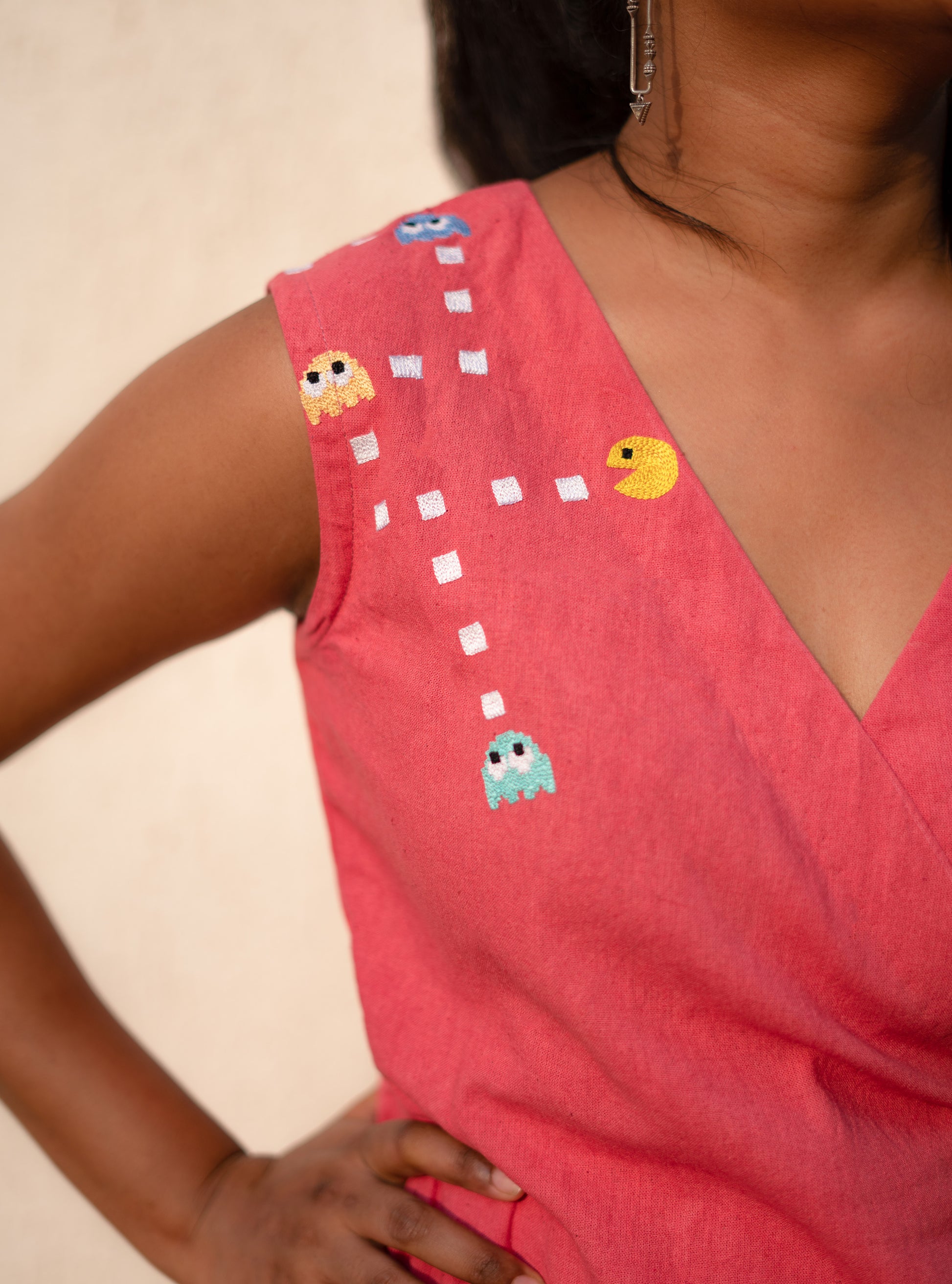 Tea Rose (Peach) Pacman Hand Embroidered Cotton Dress