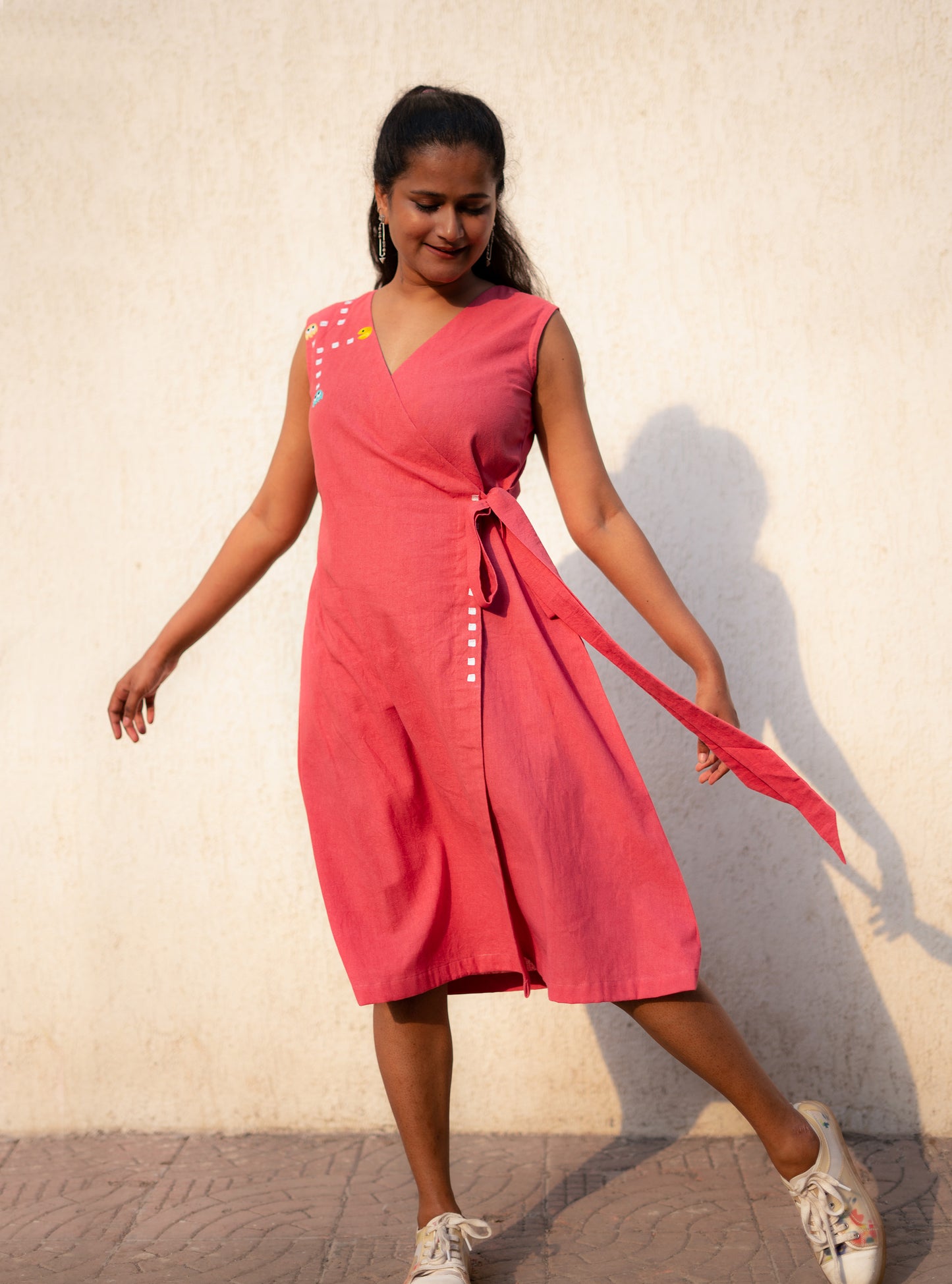 Tea Rose (Peach) Pacman Hand Embroidered Cotton Dress