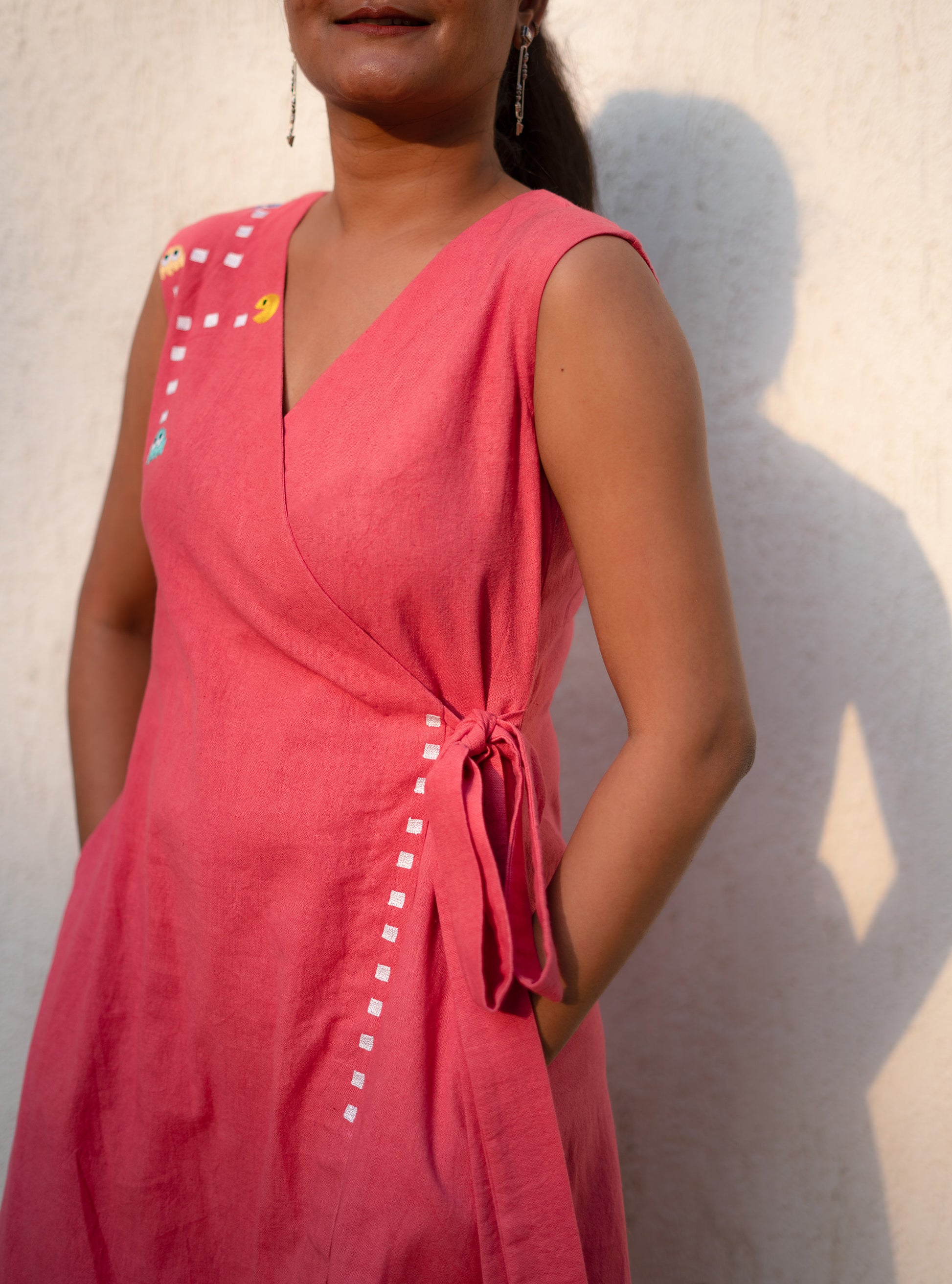 Tea Rose (Peach) Pacman Hand Embroidered Cotton Dress