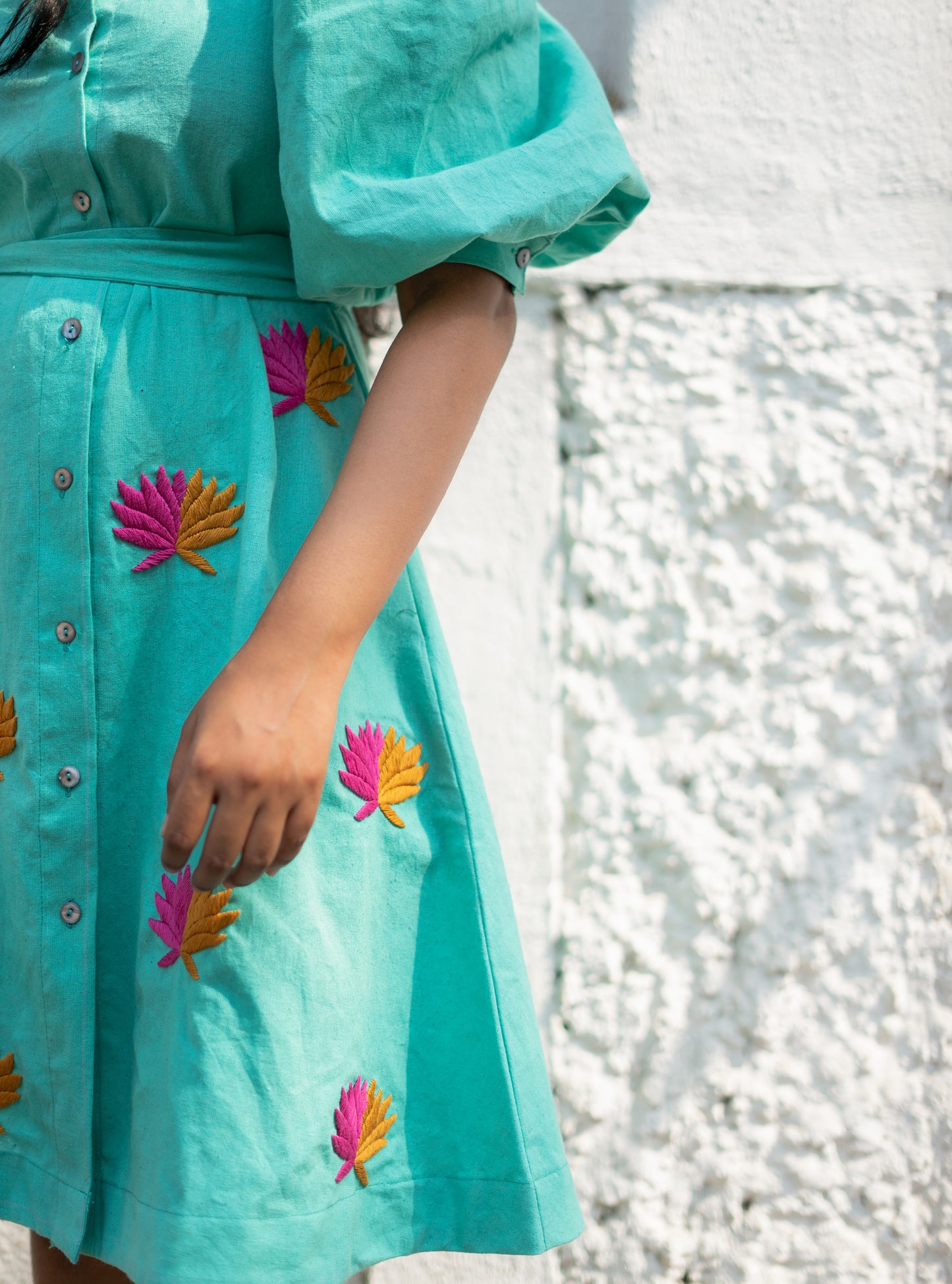 Sea-Green Lotus Hand Embroidered Cotton Dress