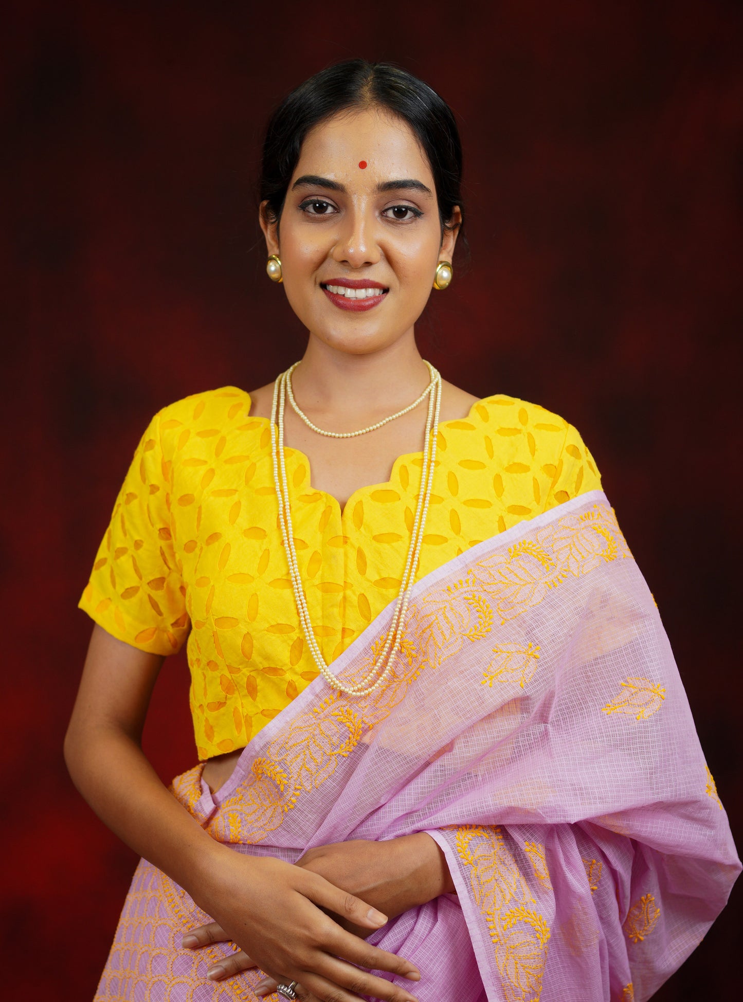 Lilac -Yellow Chikankari Kota Cotton Saree