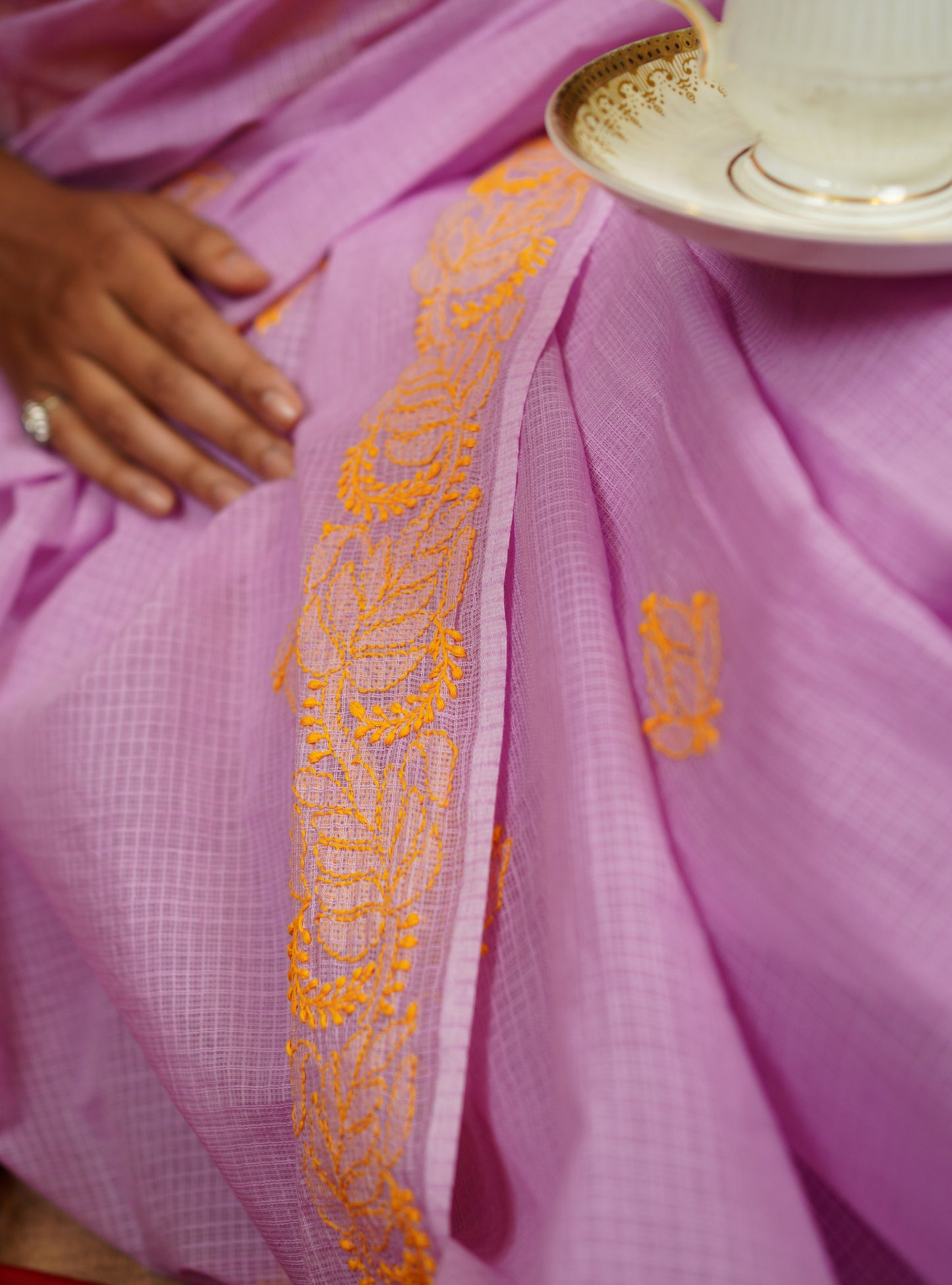 Lilac -Yellow Chikankari Kota Cotton Saree