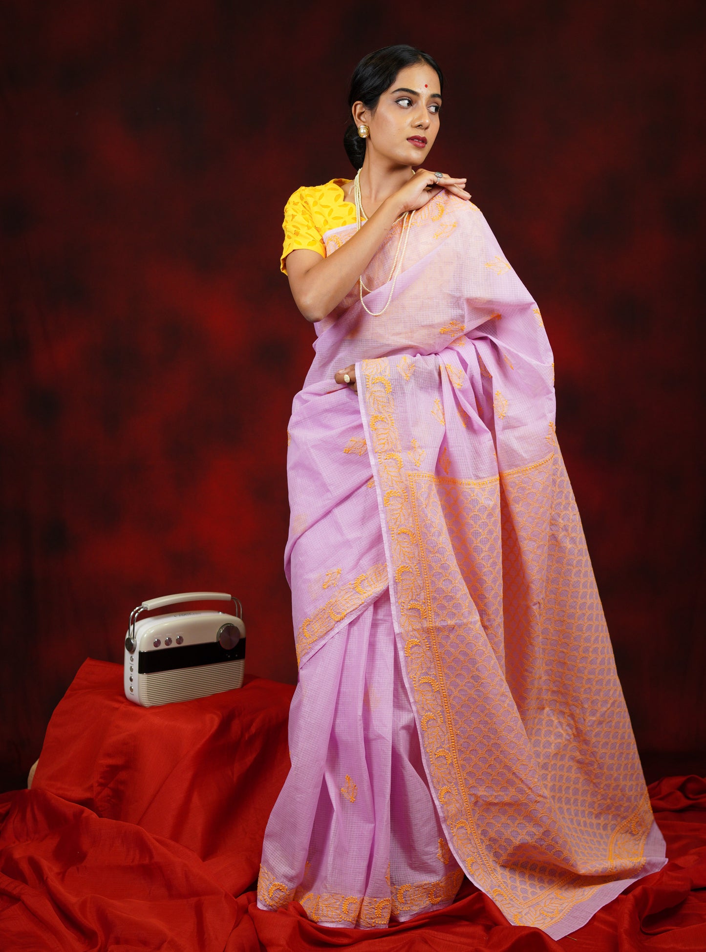 Lilac -Yellow Chikankari Kota Cotton Saree