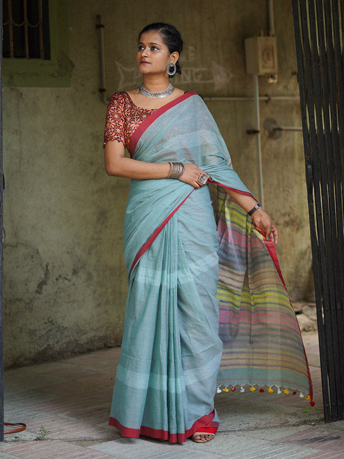 Turquoise Bengal cotton with multi color pallu