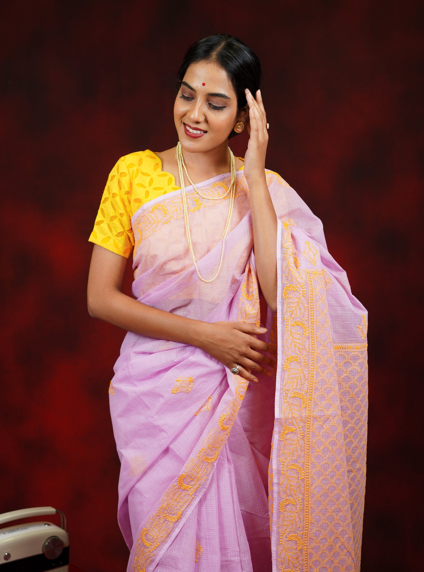 Lilac -Yellow Chikankari Kota Cotton Saree