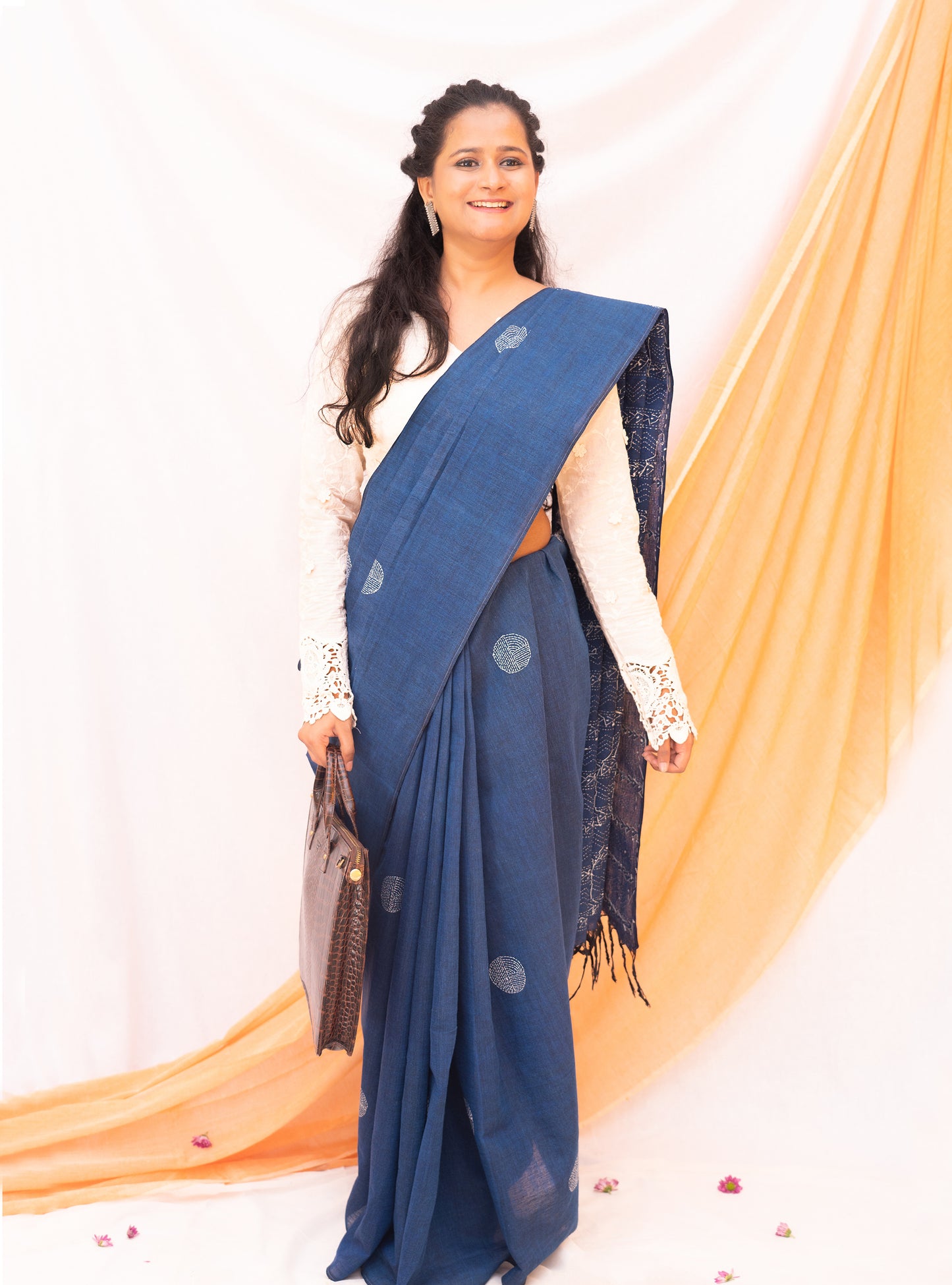 Indigo Circle Hand Embroidered Kantha Handloom Cotton Saree