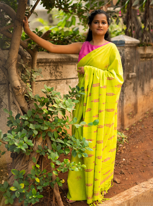 Lime Green Flower Hand Embroidered Kantha Handloom Cotton Saree