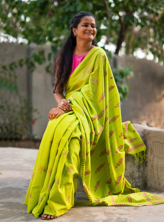 Lime Green Flower Hand Embroidered Kantha Handloom Cotton Saree