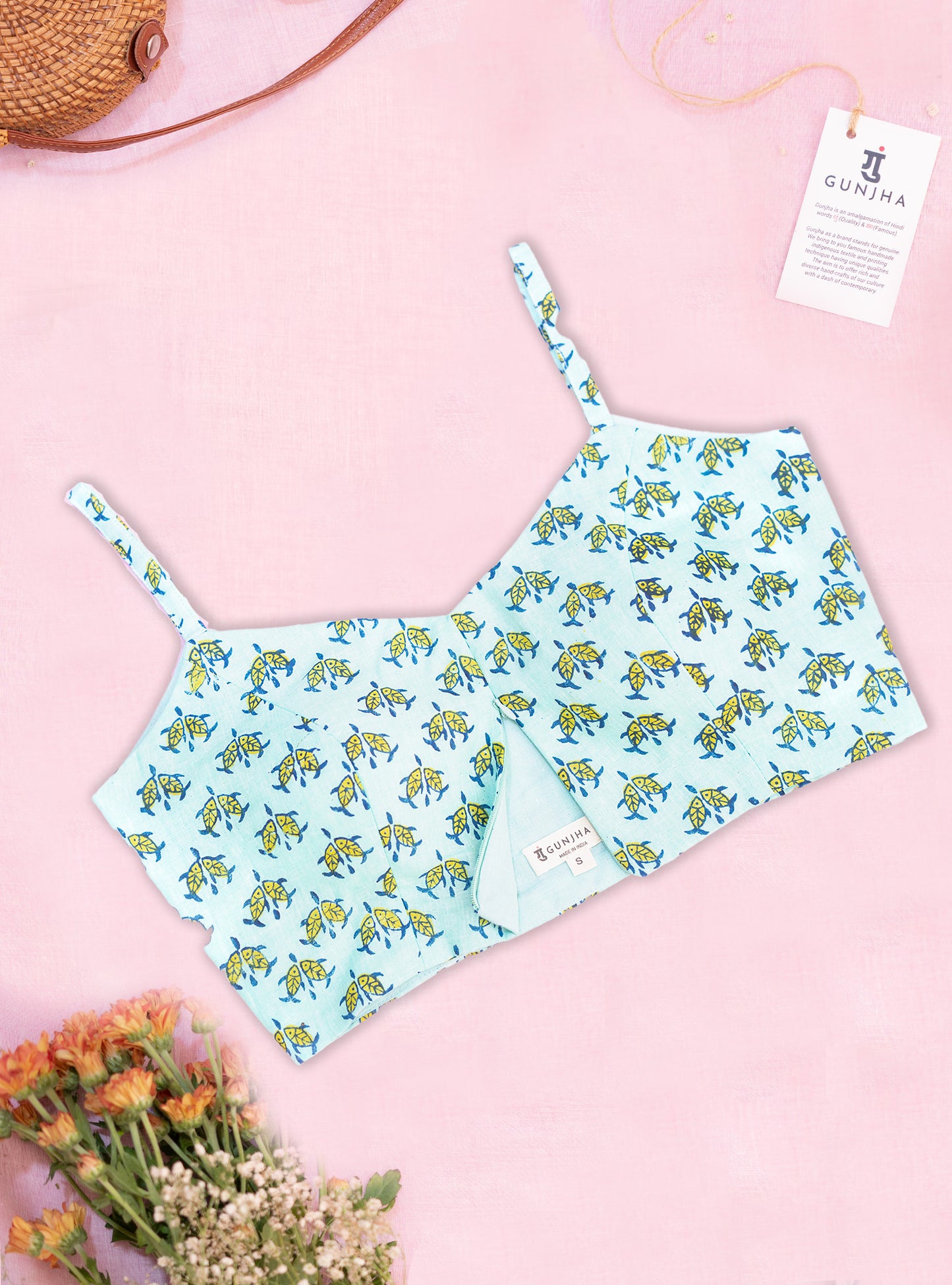 Sea-Green Fish Block Print Strap Cotton Blouse