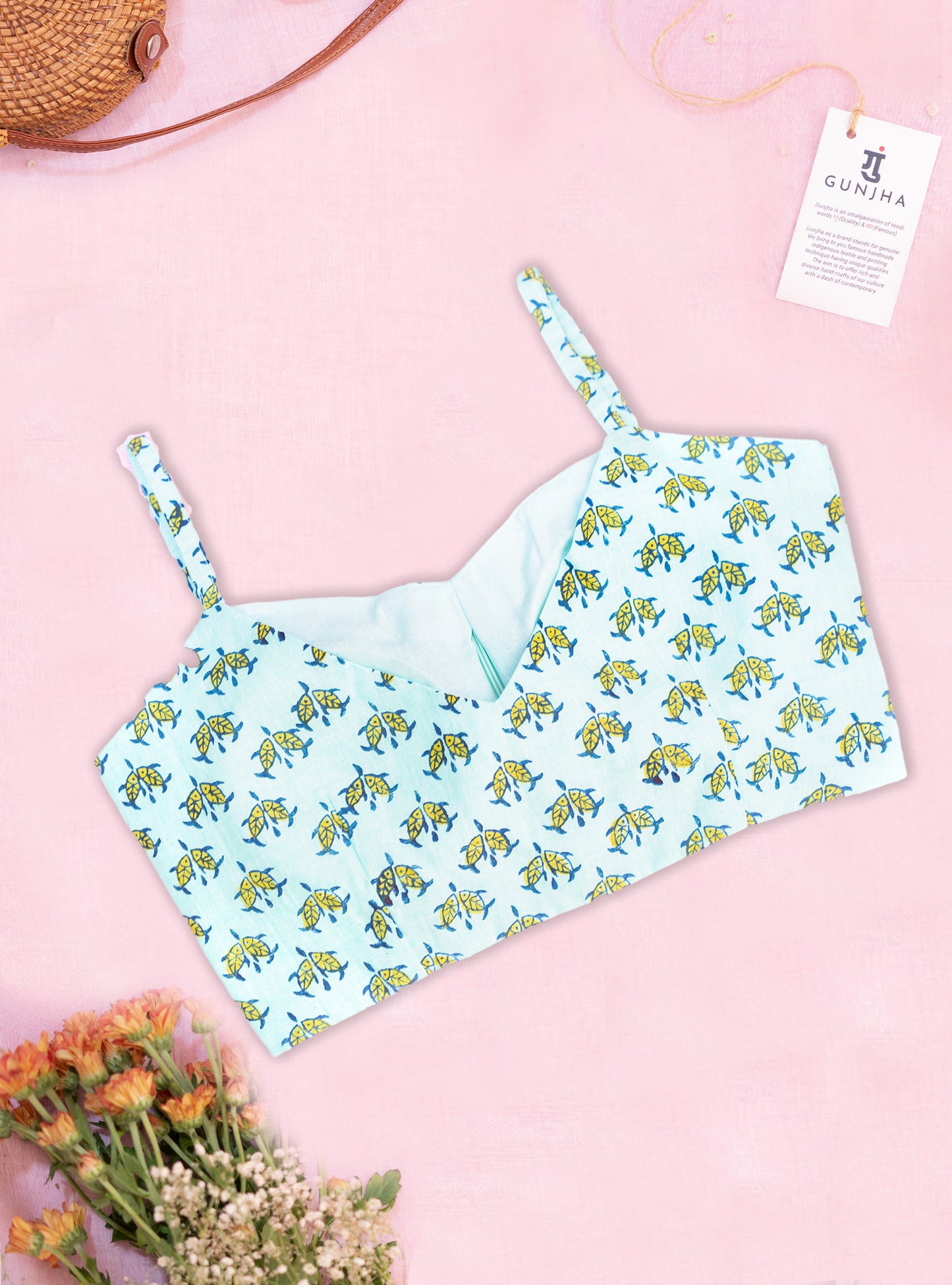 Sea-Green Fish Block Print Strap Cotton Blouse