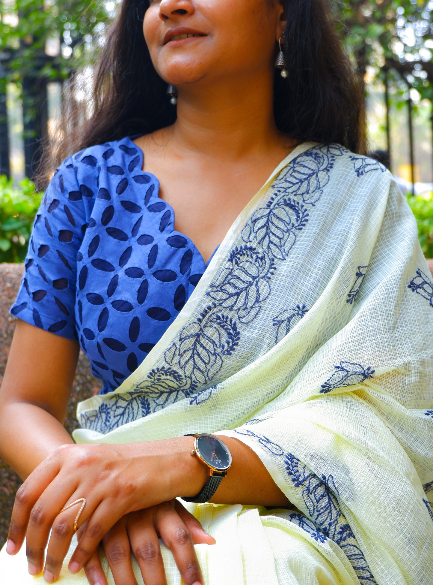 Yellow - Navy blue Chikankari Kota Cotton Saree
