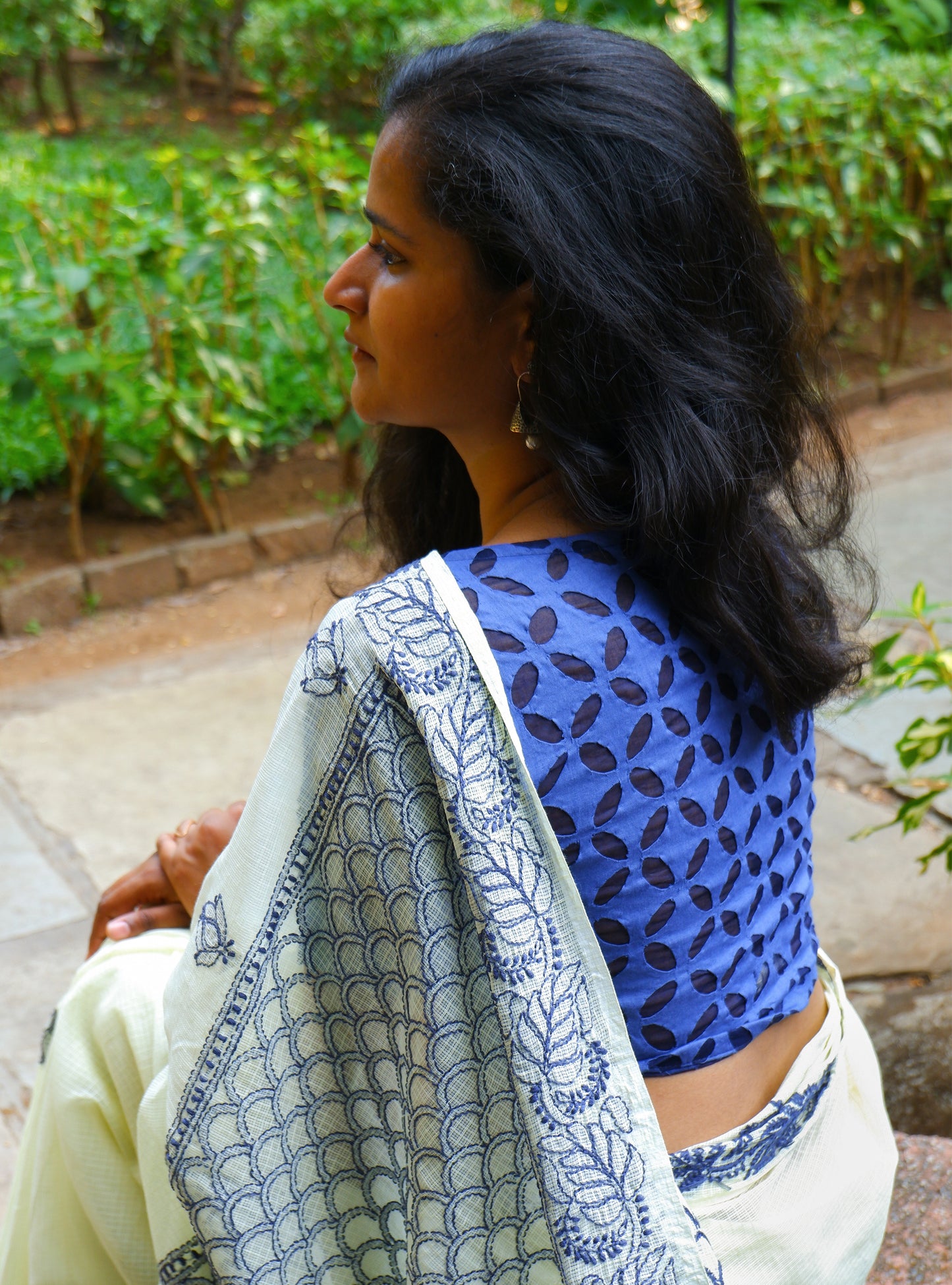Yellow - Navy blue Chikankari Kota Cotton Saree