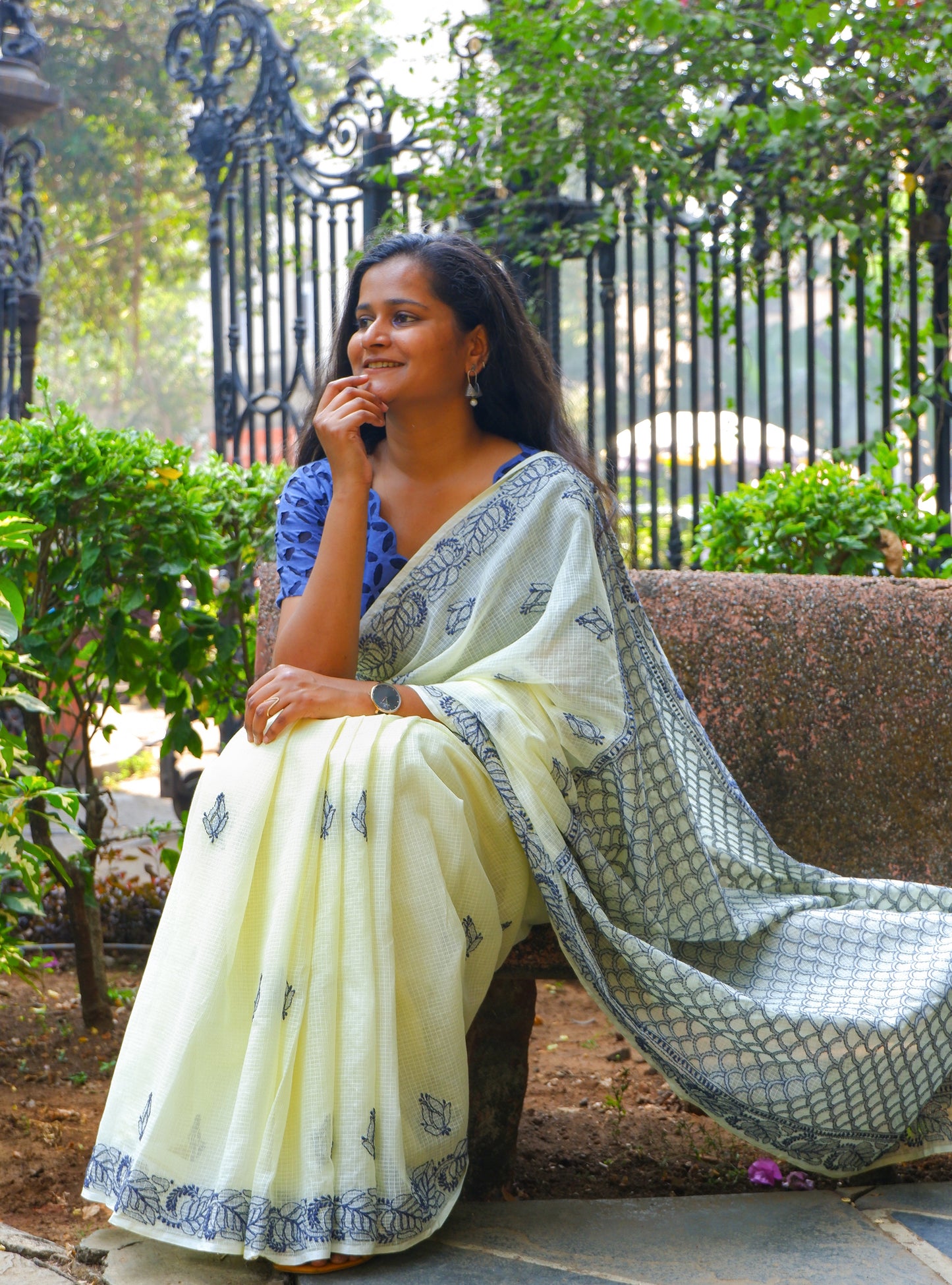Yellow - Navy blue Chikankari Kota Cotton Saree