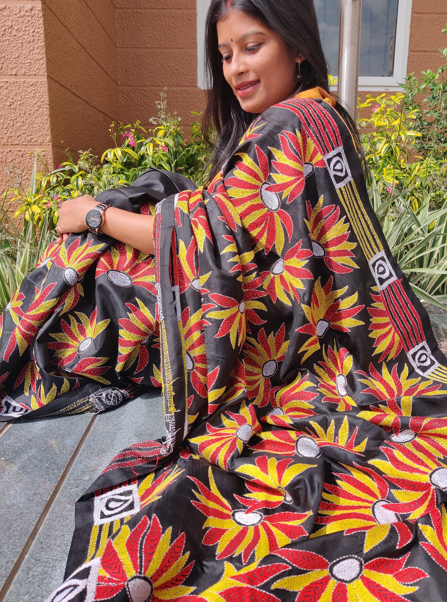 Black bangalore silk Flower motif Kantha