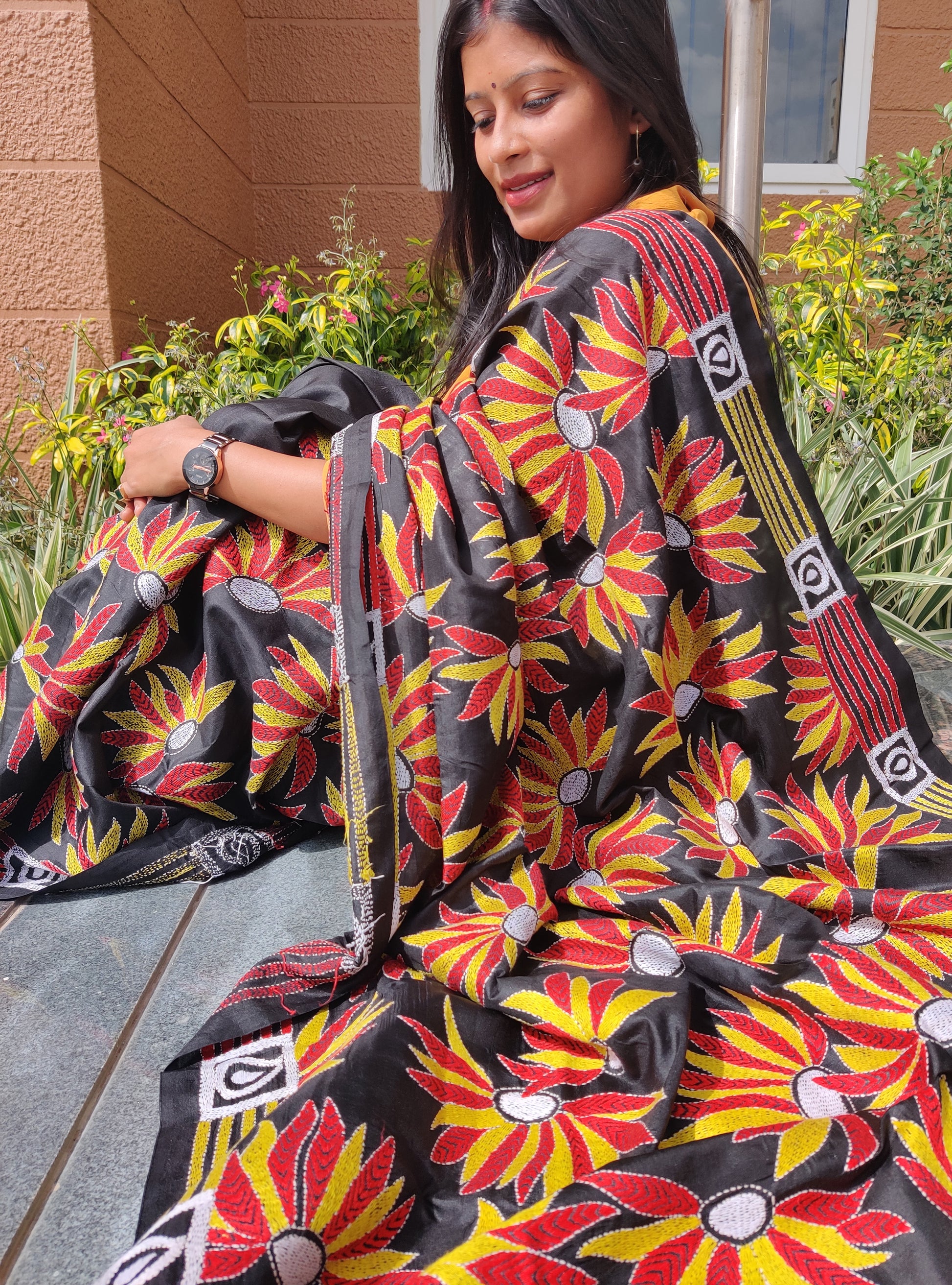 Black bangalore silk Flower motif Kantha