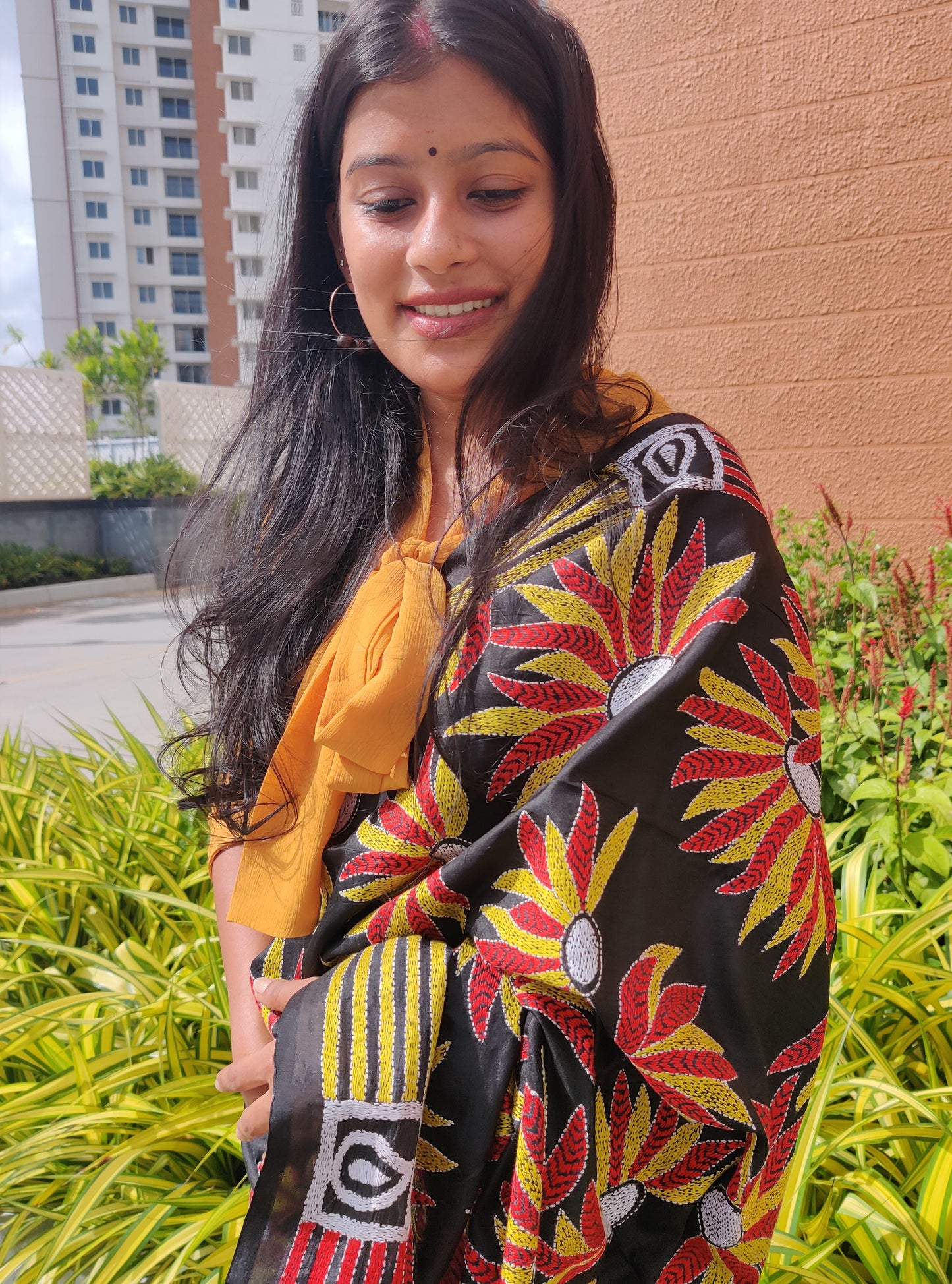 Black bangalore silk Flower motif Kantha