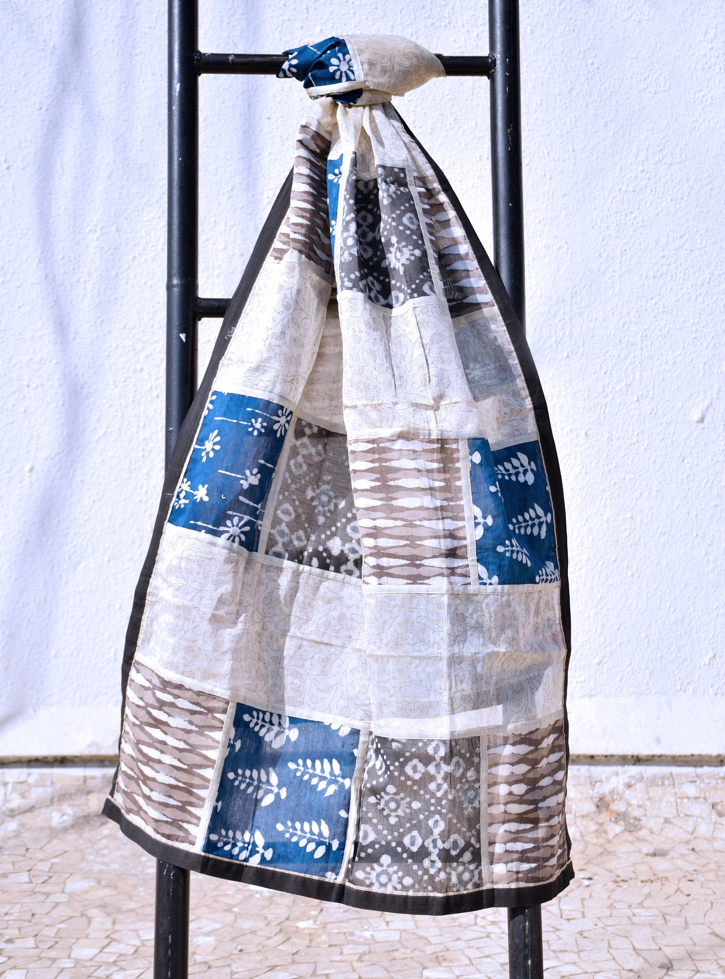 Beige Patch-work Dabu print Cotton-Silk Dupatta