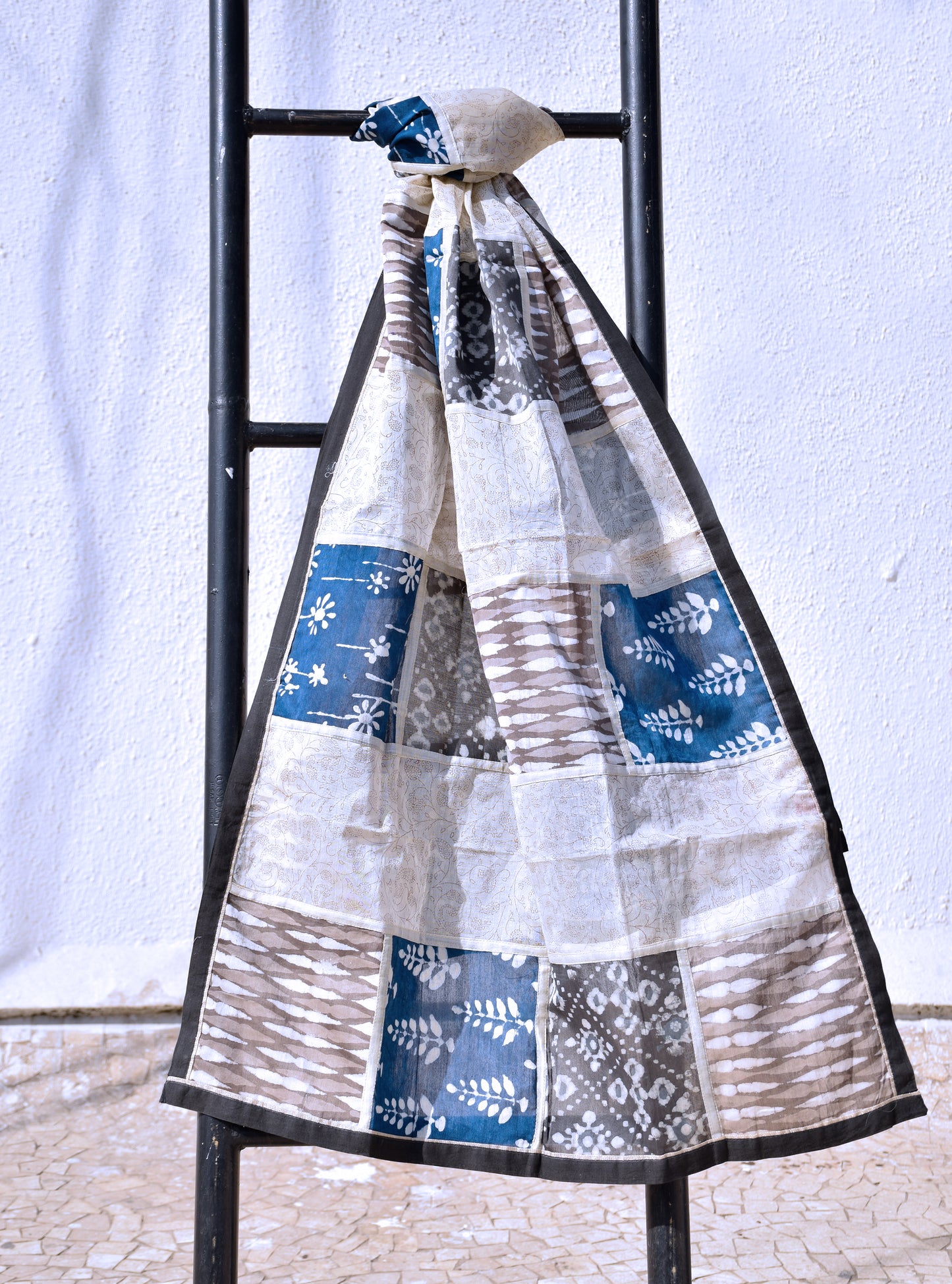 Beige Patch-work Dabu print Cotton-Silk Dupatta