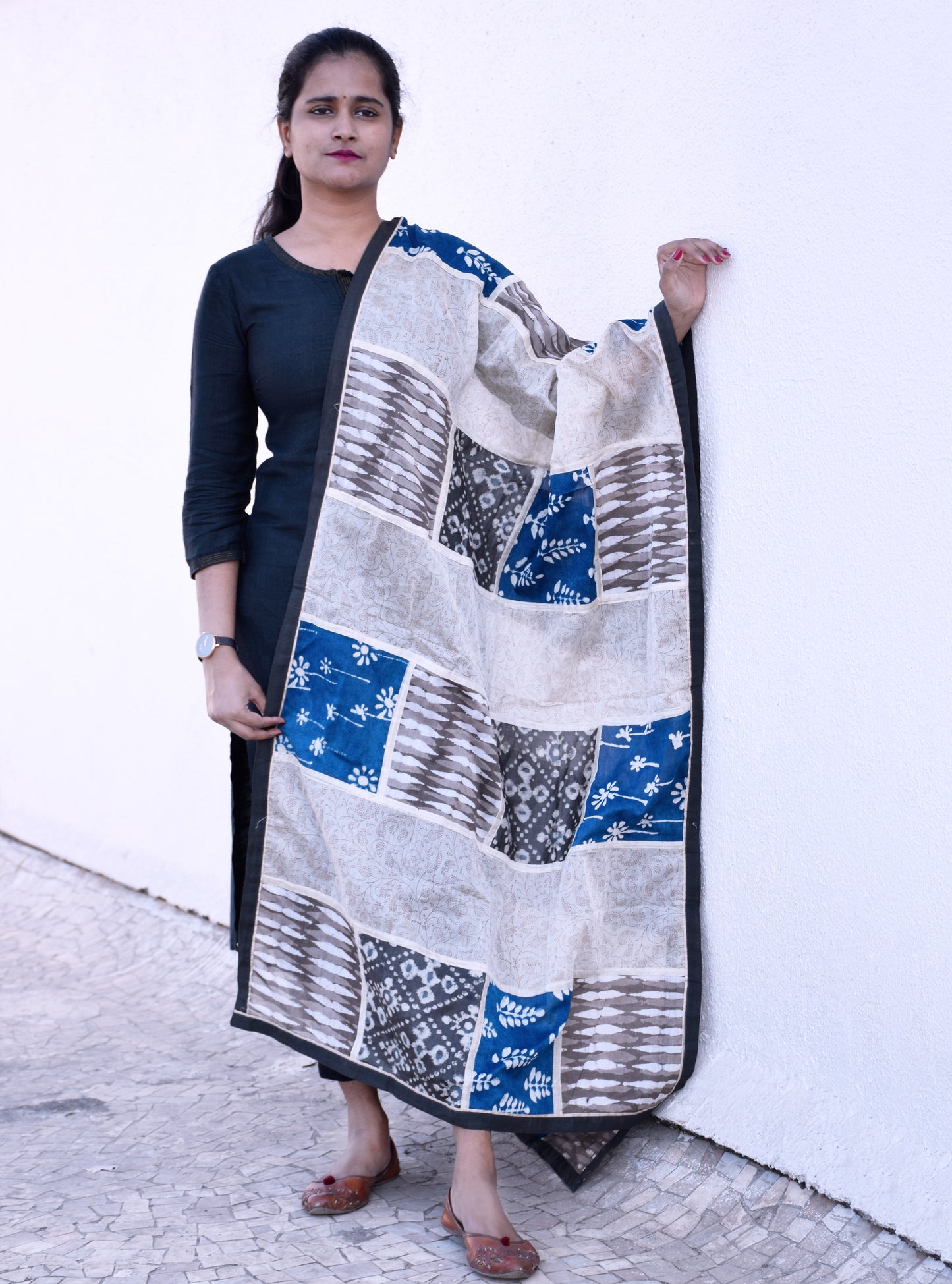 Beige Patch-work Dabu print Cotton-Silk Dupatta